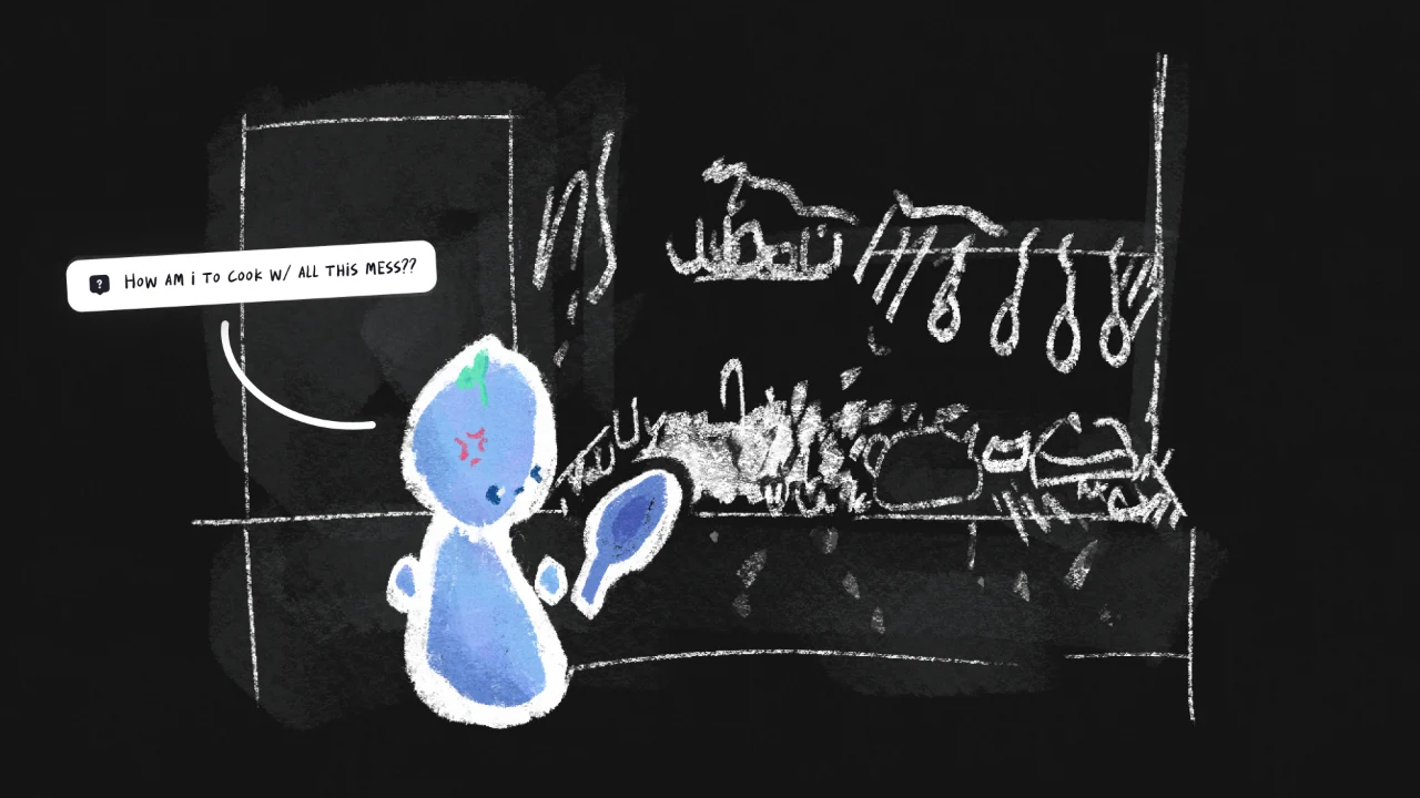 Bento’s pixie in a chalk-drawn kitchen piled with tools, asking: how am I to cook with all this mess?